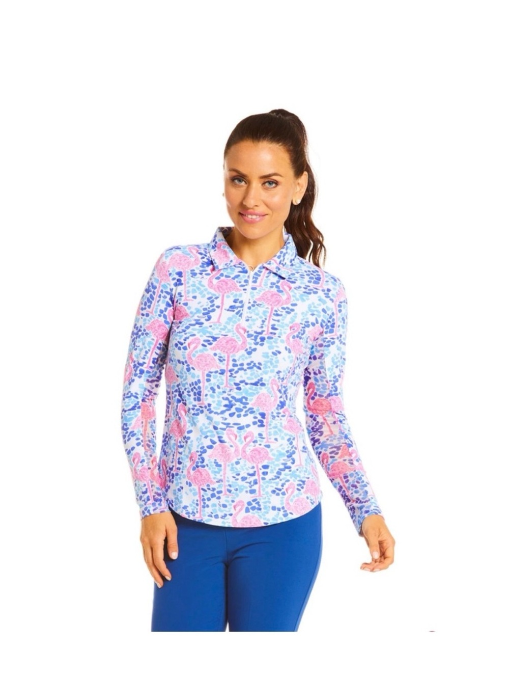 🦩💙🆕 IBKUL Long Sleeve Flamingo Zip Up Mock Neck Women's Blue Pink & White XL